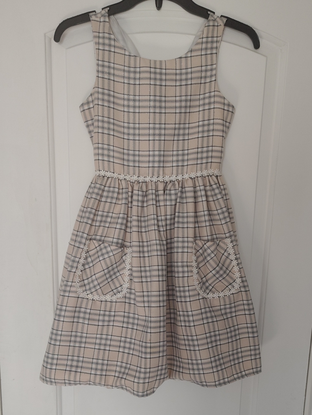 Girls Beige Plaid Pocket Dress